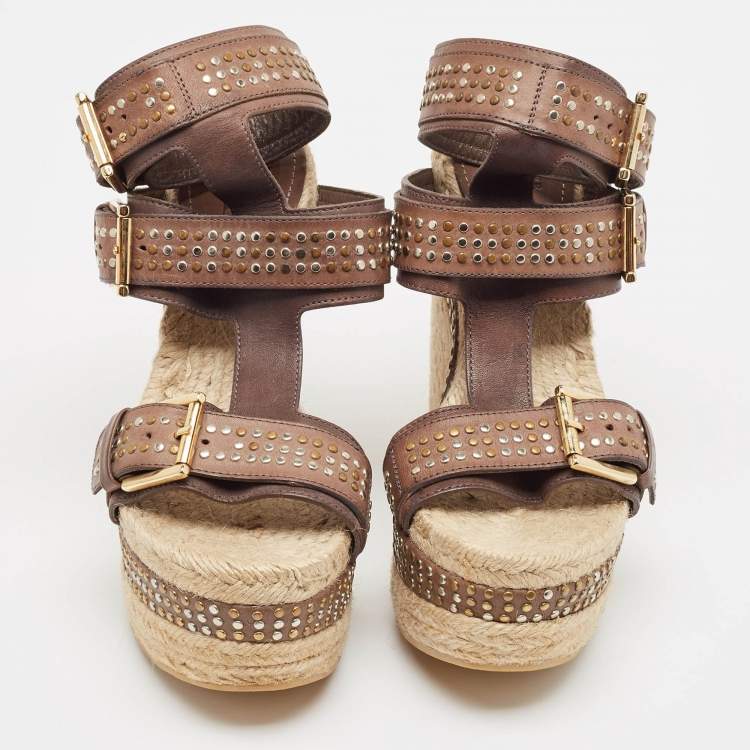 Pre Owned Alexander McQueen Brown/Beige Jute and Leather Wedge Ankle Strap Sandals Size 37