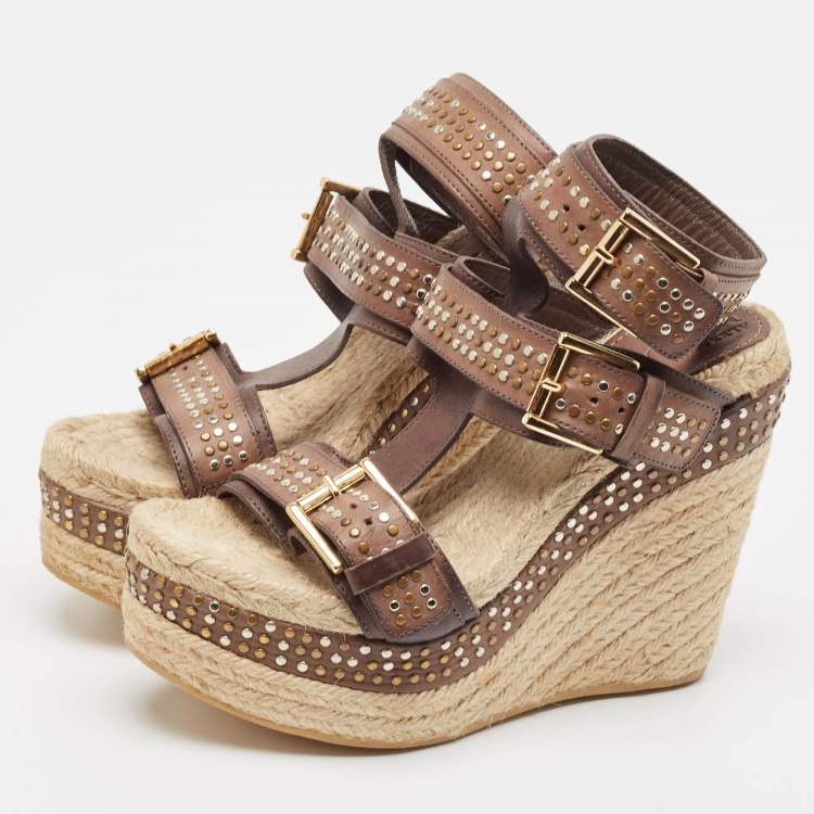 Pre Owned Alexander McQueen Brown/Beige Jute and Leather Wedge Ankle Strap Sandals Size 37