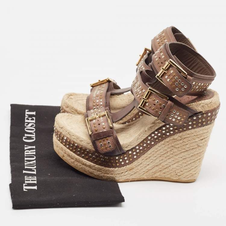 Pre Owned Alexander McQueen Brown/Beige Jute and Leather Wedge Ankle Strap Sandals Size 37