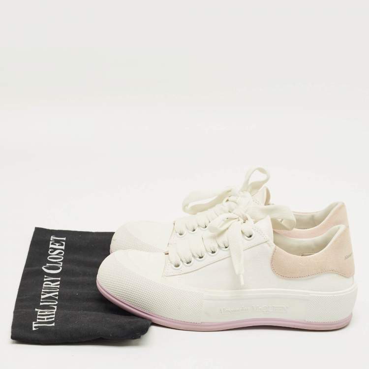 Pre Owned Alexander McQueen White/Beige Canvas and Suede Deck Plimsoll Lace Up Sneakers Size 37