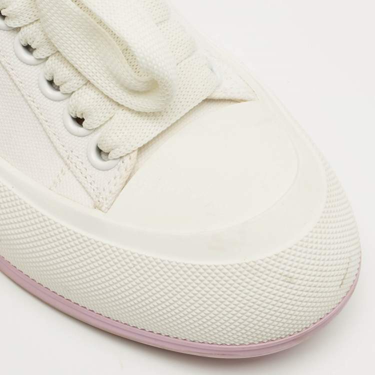 Pre Owned Alexander McQueen White/Beige Canvas and Suede Deck Plimsoll Lace Up Sneakers Size 37