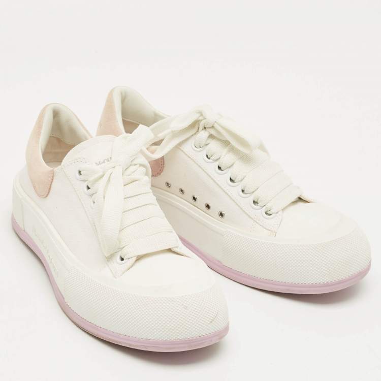 Pre Owned Alexander McQueen White/Beige Canvas and Suede Deck Plimsoll Lace Up Sneakers Size 37