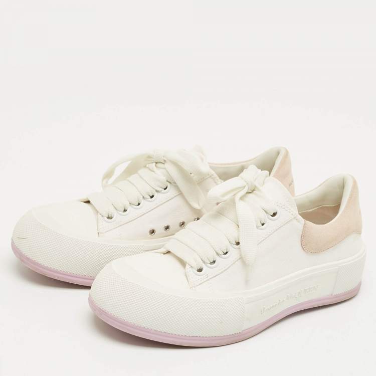 Pre Owned Alexander McQueen White/Beige Canvas and Suede Deck Plimsoll Lace Up Sneakers Size 37