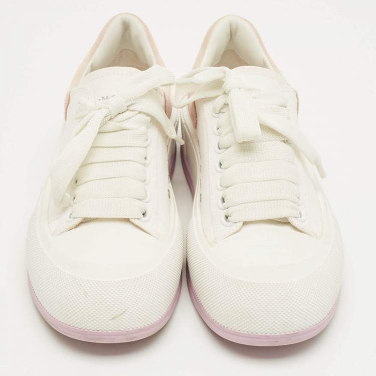 Pre Owned Alexander McQueen White/Beige Canvas and Suede Deck Plimsoll Lace Up Sneakers Size 37