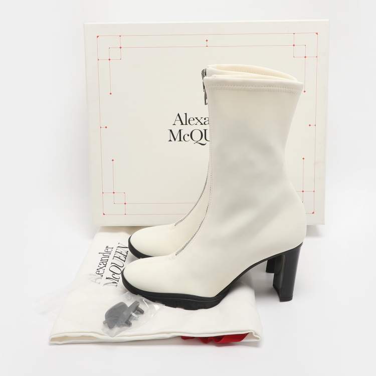 Pre Owned Alexander McQueen White Neoprene Slim Tread Mid Calf Boots Size 39