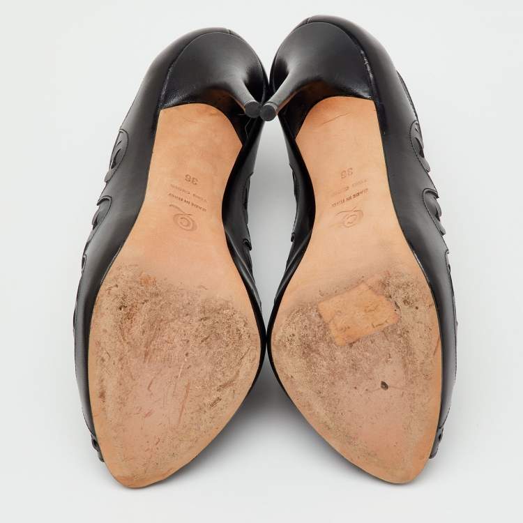 Pre Owned Alexander McQueen Black Leather Floral Lasecut Booties Size 36