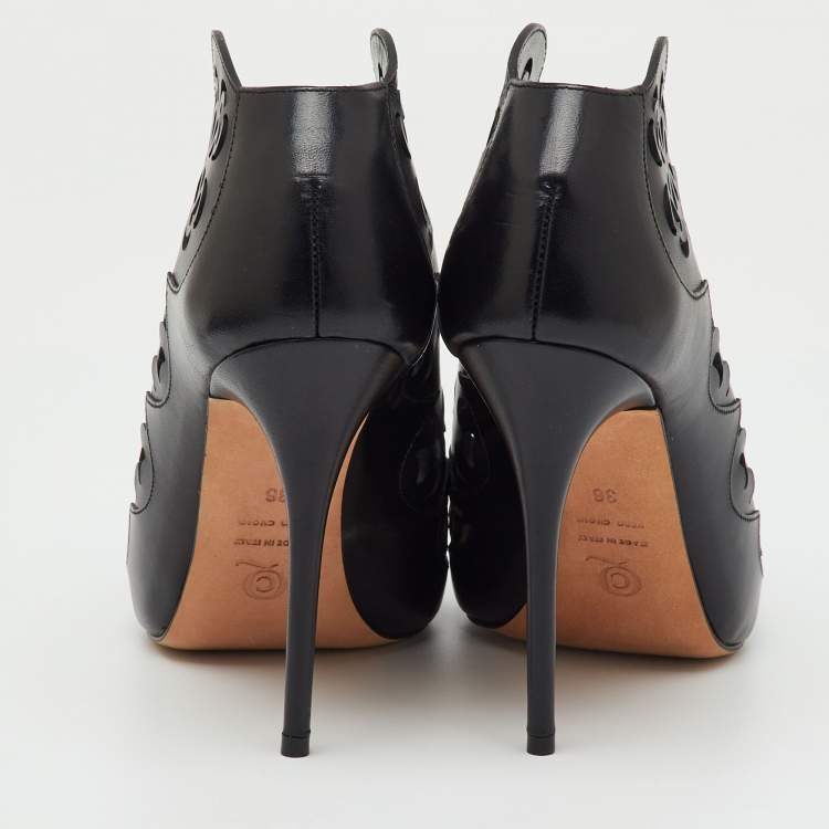 Pre Owned Alexander McQueen Black Leather Floral Lasecut Booties Size 36