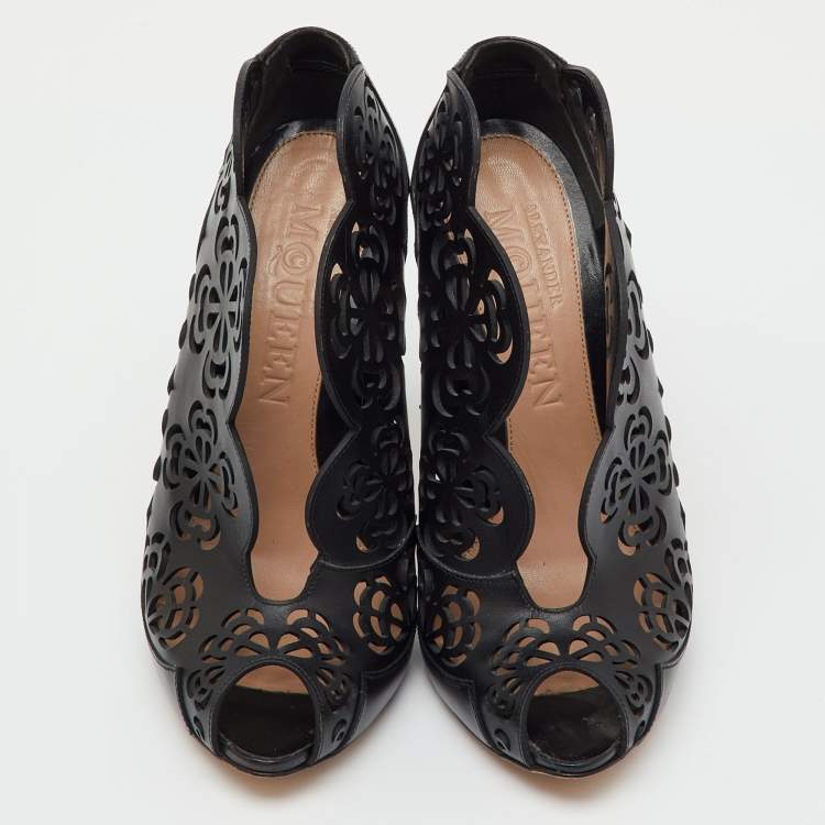 Pre Owned Alexander McQueen Black Leather Floral Lasecut Booties Size 36