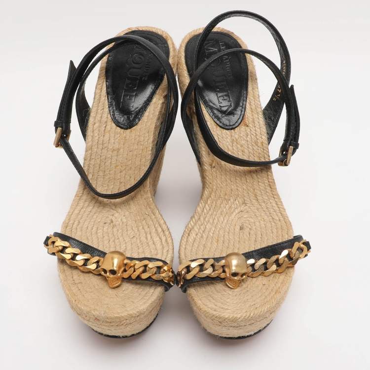 Pre Owned Alexander McQueen Black Leather Chain Skull Ankle Strap Espadrille Wedges Size 37.5