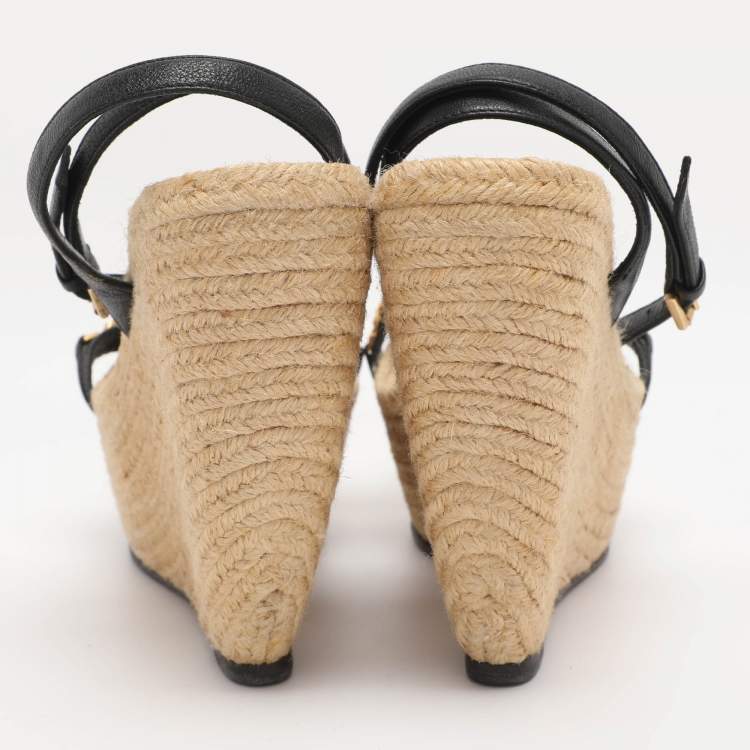 Pre Owned Alexander McQueen Black Leather Chain Skull Ankle Strap Espadrille Wedges Size 37.5