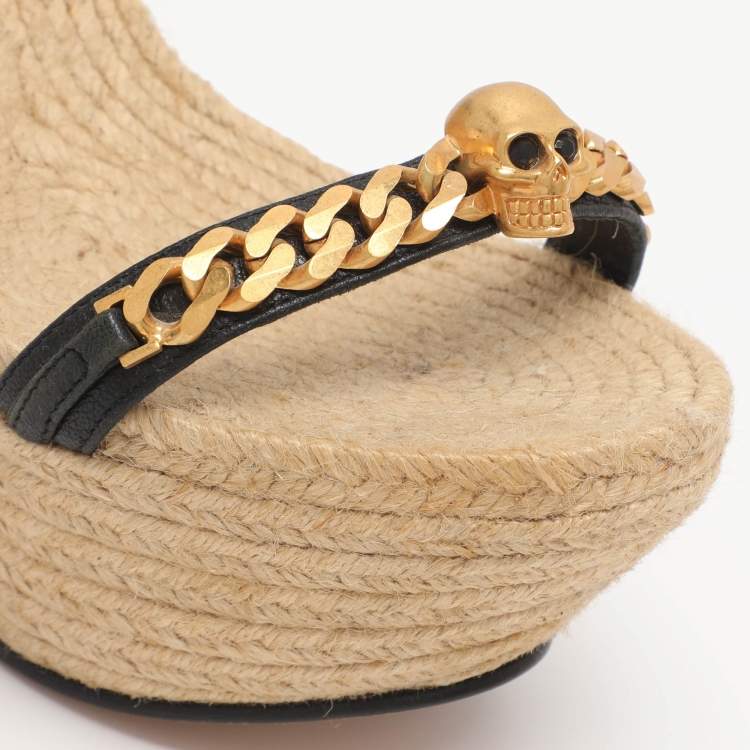 Pre Owned Alexander McQueen Black Leather Chain Skull Ankle Strap Espadrille Wedges Size 37.5
