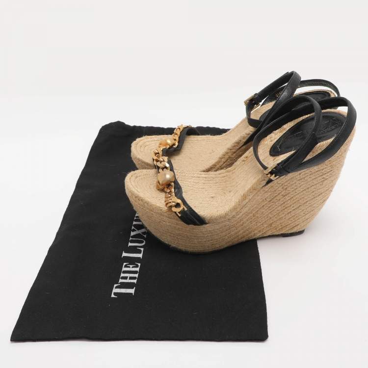 Pre Owned Alexander McQueen Black Leather Chain Skull Ankle Strap Espadrille Wedges Size 37.5