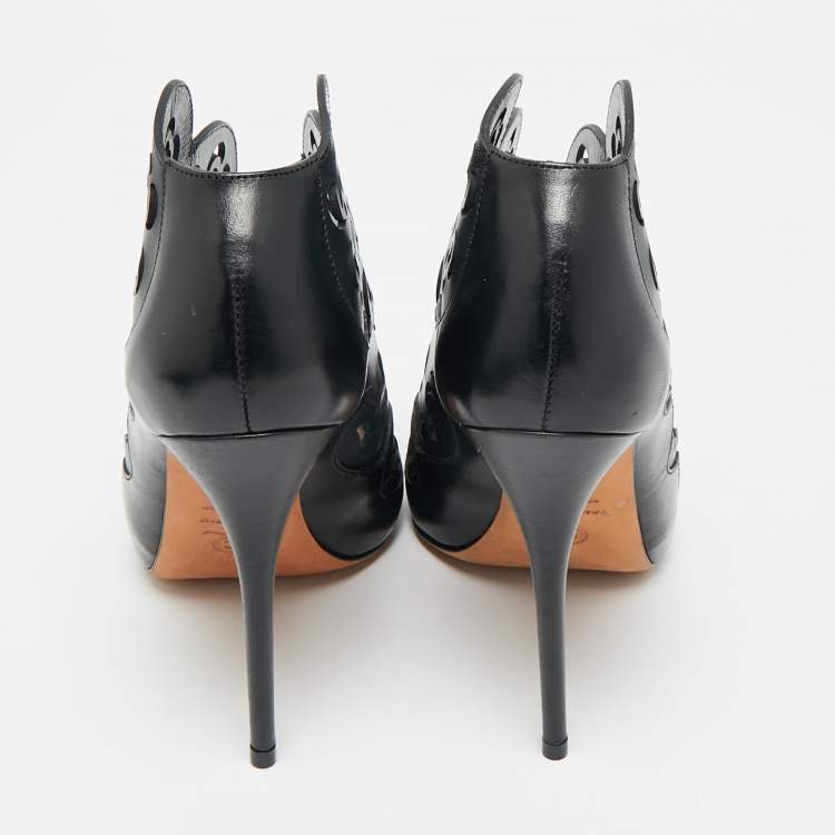 Pre Owned Alexander McQueen Black Floral Laser Cut Leather Peep Toe Booties Size 35