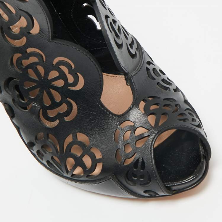 Pre Owned Alexander McQueen Black Floral Laser Cut Leather Peep Toe Booties Size 35