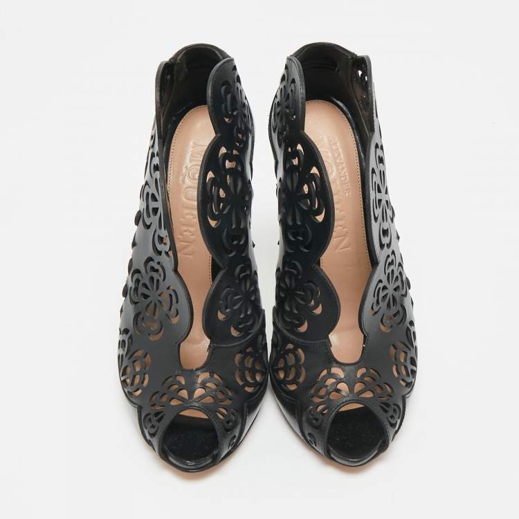 Pre Owned Alexander McQueen Black Floral Laser Cut Leather Peep Toe Booties Size 35