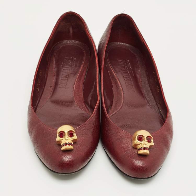 Pre Owned Alexander McQueen Burgundy Leather Skull Ballet Flats Size 38.5