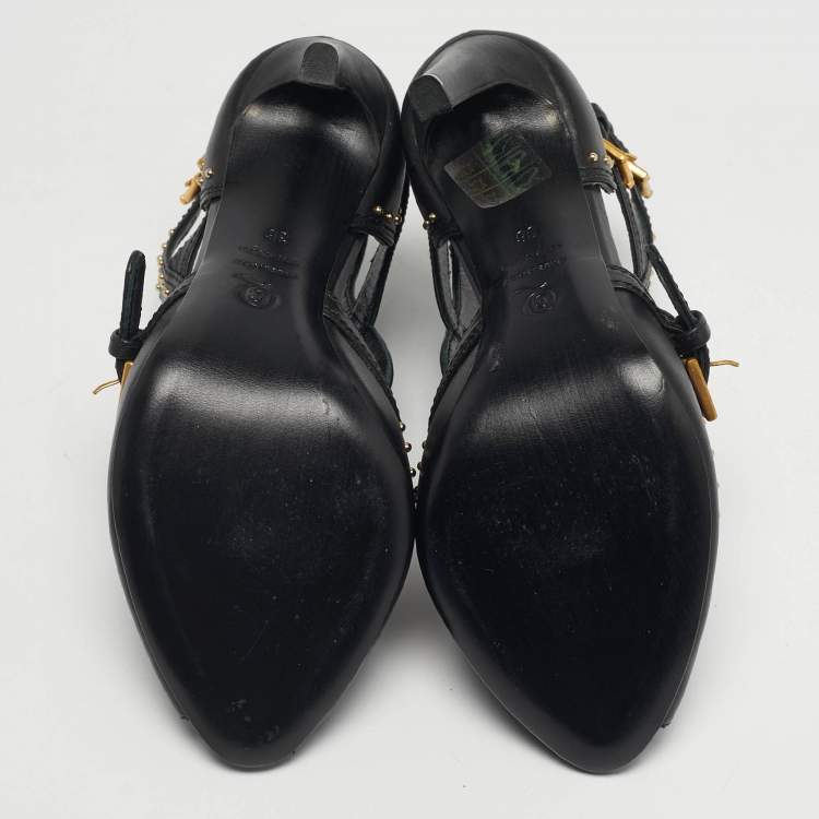 Pre Owned Alexander McQueen Black Leather Studded Buckle Booties Size 36