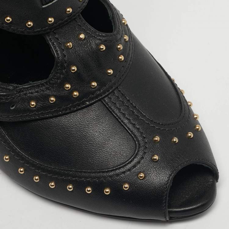 Pre Owned Alexander McQueen Black Leather Studded Buckle Booties Size 36