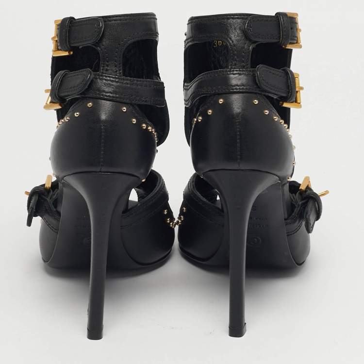 Pre Owned Alexander McQueen Black Leather Studded Buckle Booties Size 36