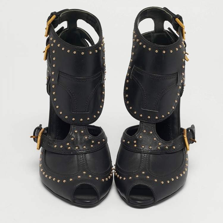 Pre Owned Alexander McQueen Black Leather Studded Buckle Booties Size 36