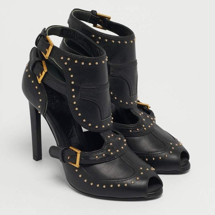 Pre Owned Alexander McQueen Black Leather Studded Buckle Booties Size 36