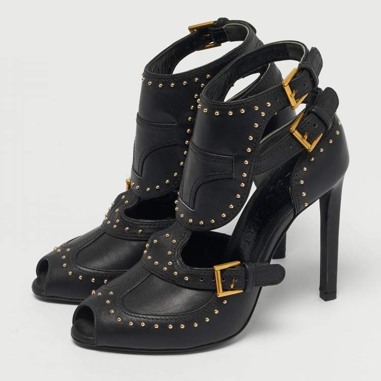 Pre Owned Alexander McQueen Black Leather Studded Buckle Booties Size 36