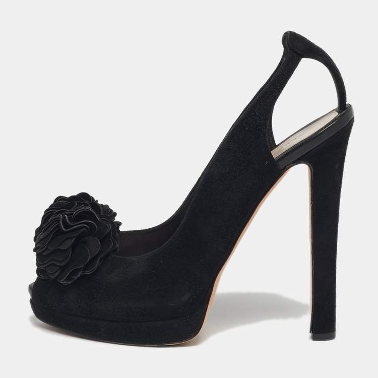 Pre Owned Alexander McQueen Size 40 Black Suede Flower Detail Peep Toe Platform Pumps
