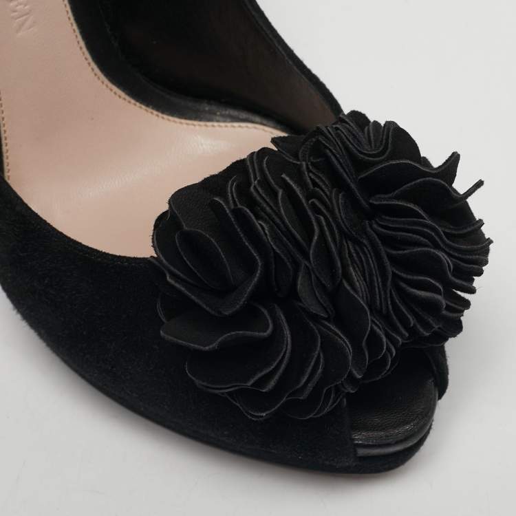 Pre Owned Alexander McQueen Size 40 Black Suede Flower Detail Peep Toe Platform Pumps