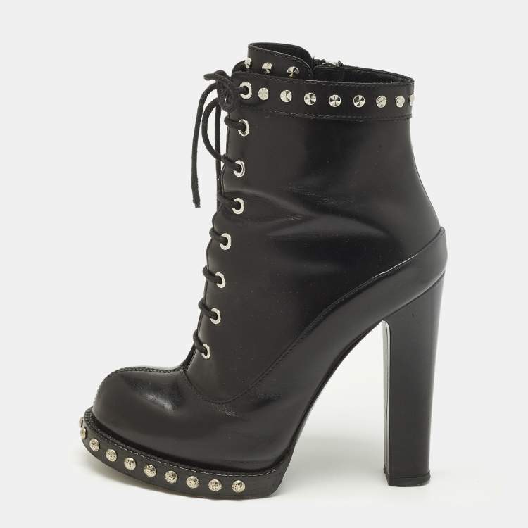 Pre Owned Alexander McQueen Size 37 Black Leather Lace Up  Ankle Length Boots