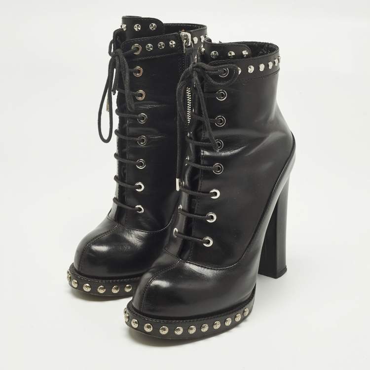 Pre Owned Alexander McQueen Size 37 Black Leather Lace Up  Ankle Length Boots
