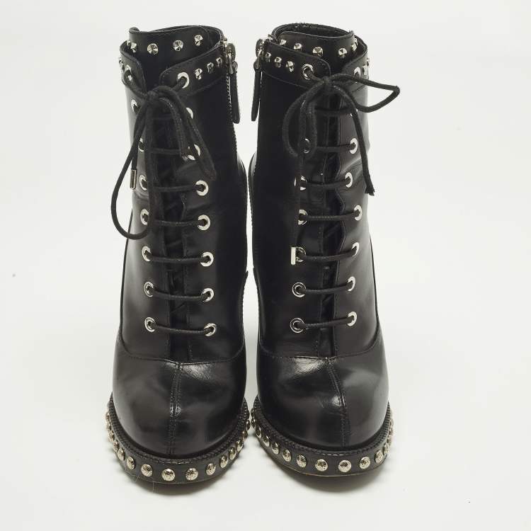 Pre Owned Alexander McQueen Size 37 Black Leather Lace Up  Ankle Length Boots