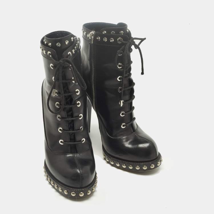 Pre Owned Alexander McQueen Size 37 Black Leather Lace Up  Ankle Length Boots