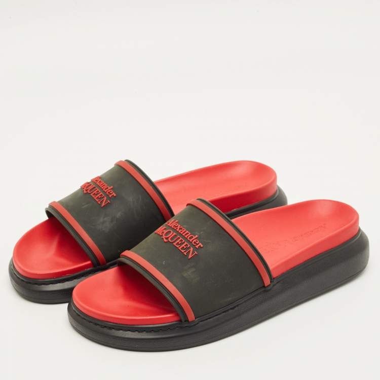 Pre Owned Alexander McQueen Hybrid Size 41 Black/Red Rubber Logo Slide Sandals