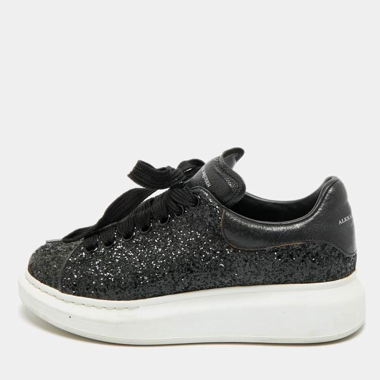 Pre Owned Alexander McQueen Oversized Size 39.5 Black Glitter and Leather Low Top Sneakers