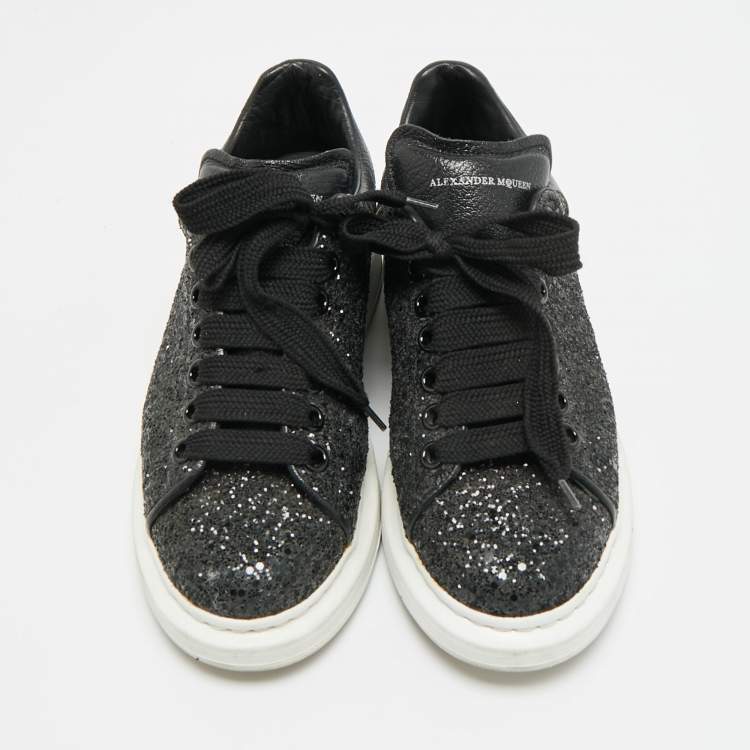 Pre Owned Alexander McQueen Oversized Size 39.5 Black Glitter and Leather Low Top Sneakers