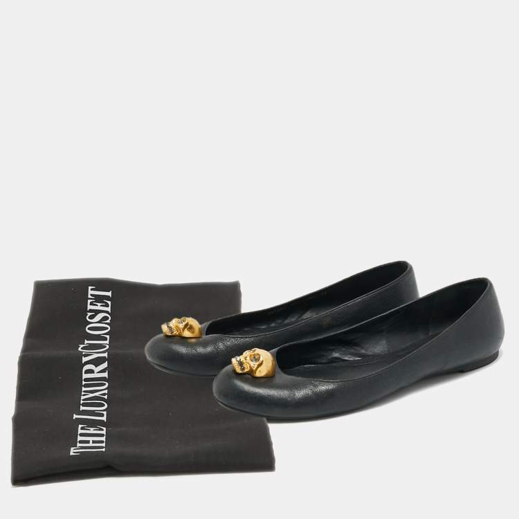 Pre Owned Alexander McQueen Skull City Size 39 Black Leather Ballet Flats