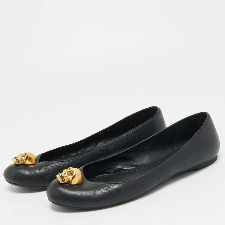 Pre Owned Alexander McQueen Skull City Size 39 Black Leather Ballet Flats