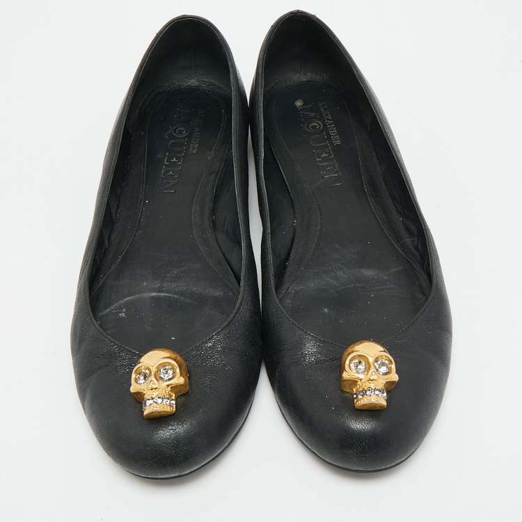 Pre Owned Alexander McQueen Skull City Size 39 Black Leather Ballet Flats