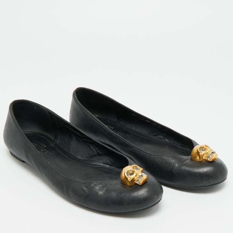 Pre Owned Alexander McQueen Skull City Size 39 Black Leather Ballet Flats