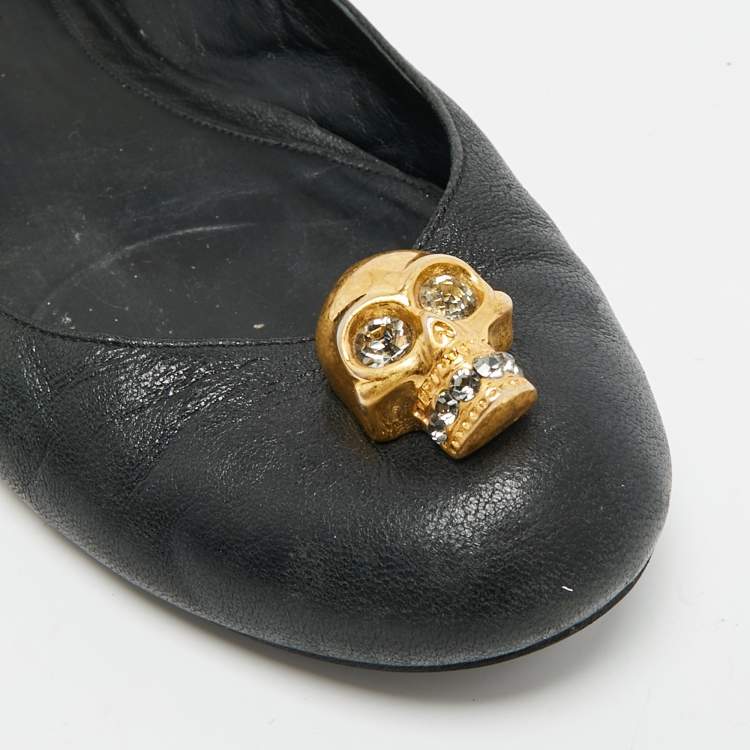 Pre Owned Alexander McQueen Skull City Size 39 Black Leather Ballet Flats