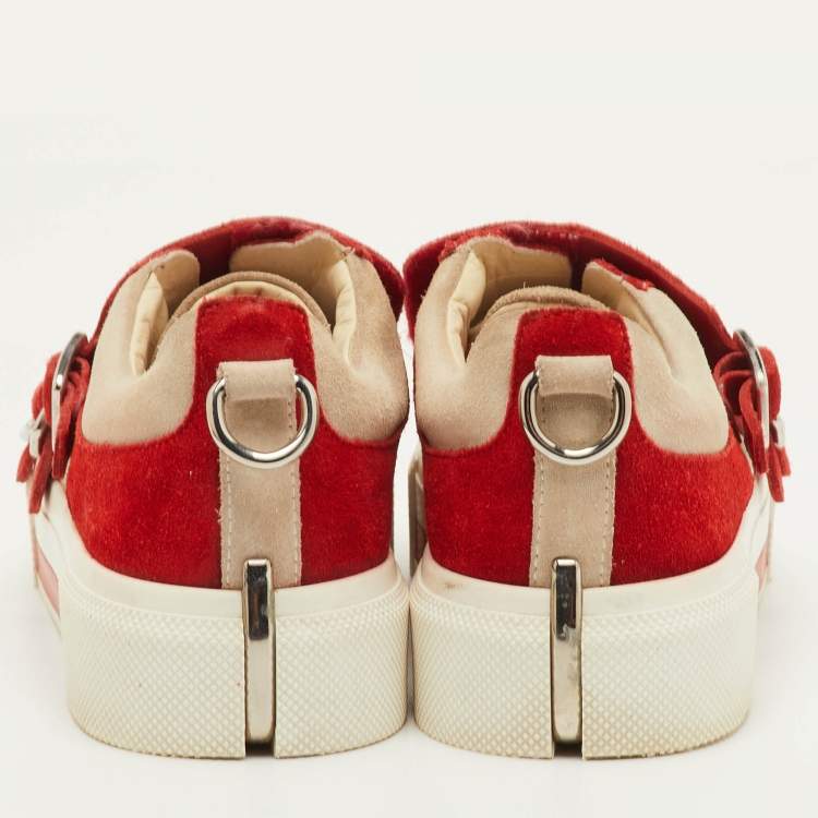 Pre Owned Alexander McQueen Size 37 Red/Grey Suede Buckle Detail Slip On Sneakers