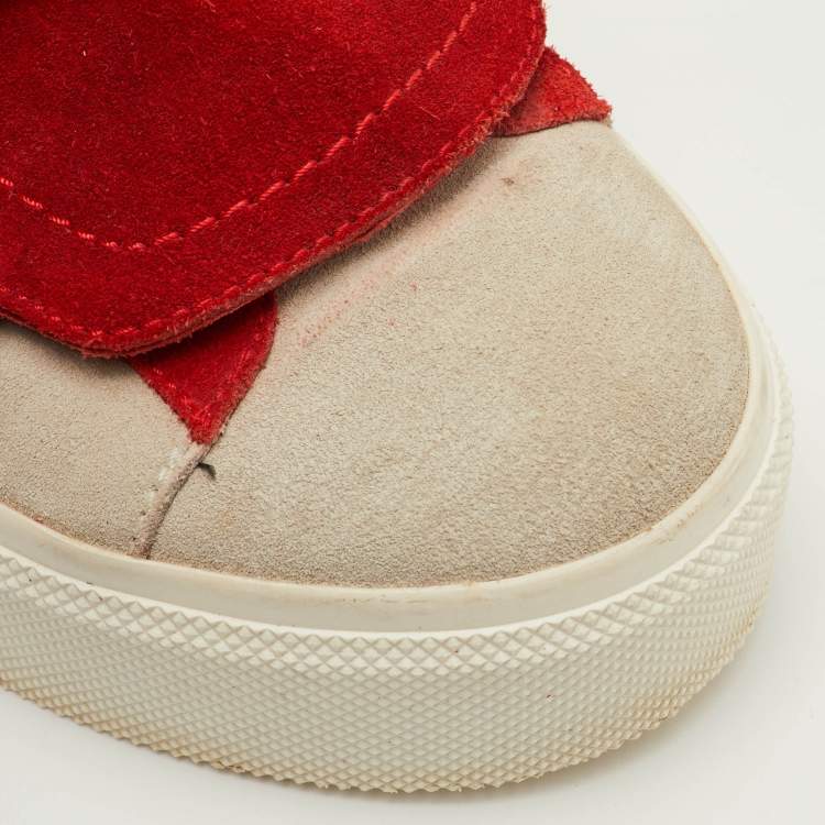 Pre Owned Alexander McQueen Size 37 Red/Grey Suede Buckle Detail Slip On Sneakers