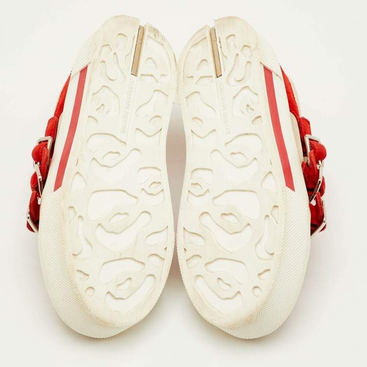 Pre Owned Alexander McQueen Size 37 Red/Grey Suede Buckle Detail Slip On Sneakers
