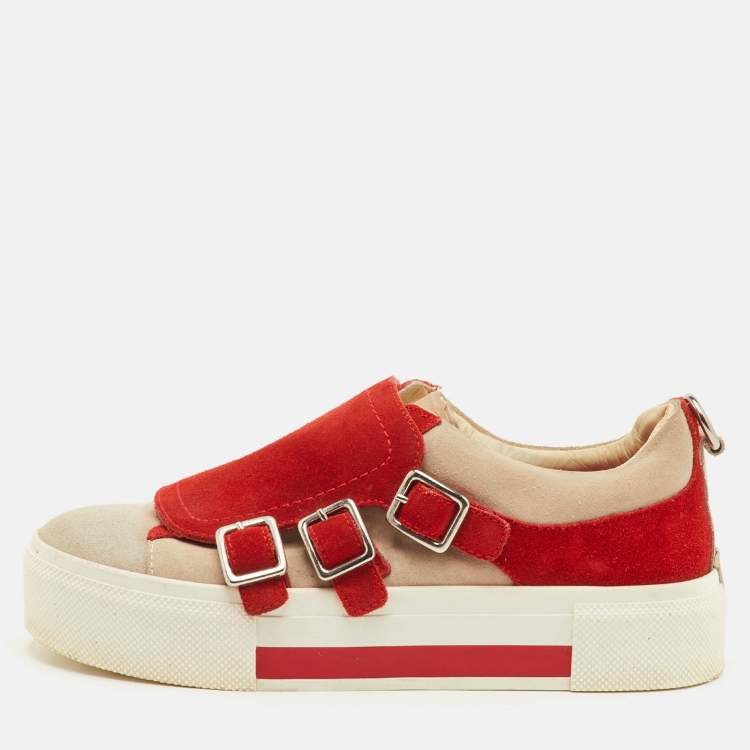 Pre Owned Alexander McQueen Size 37 Red/Grey Suede Buckle Detail Slip On Sneakers