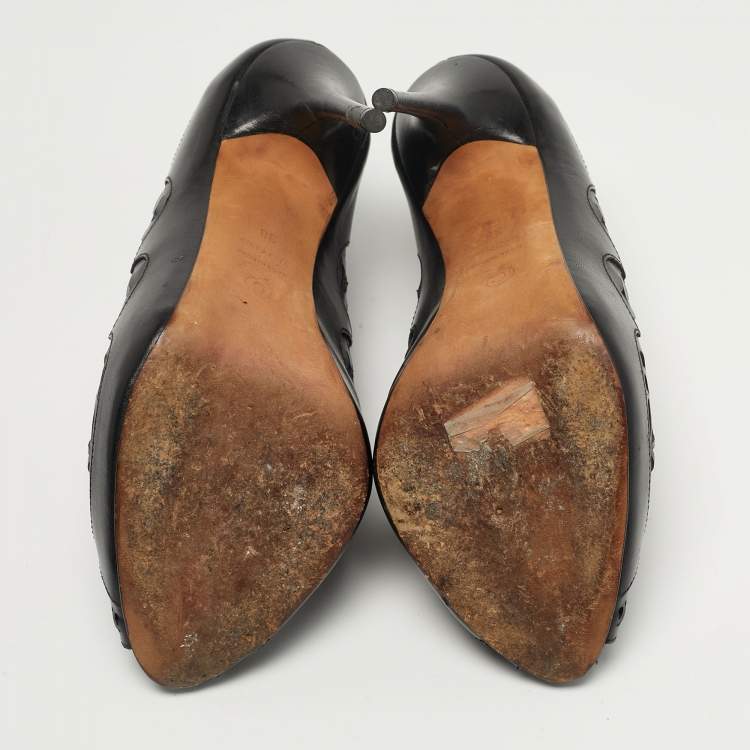 Pre Owned Alexander McQueen Size 38 Black Floral Laser Cut Leather Peep Toe Booties