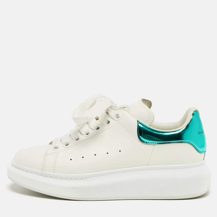 Pre Owned Alexander McQueen Oversized Size 38 White/Green Leather and Patent Leather Low Top Sneakers