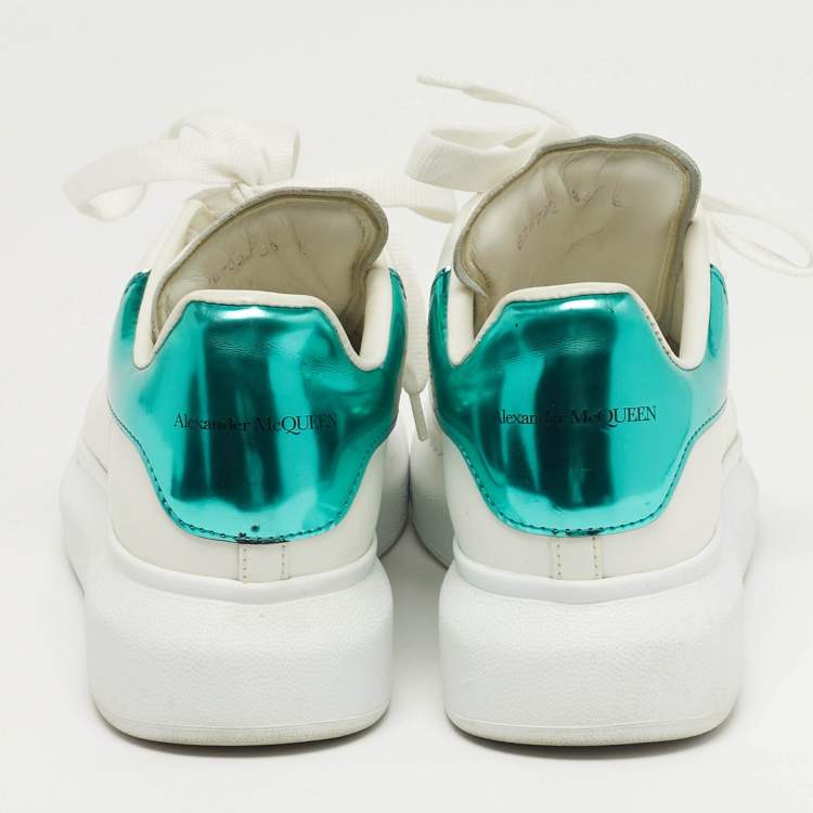 Pre Owned Alexander McQueen Oversized Size 38 White/Green Leather and Patent Leather Low Top Sneakers