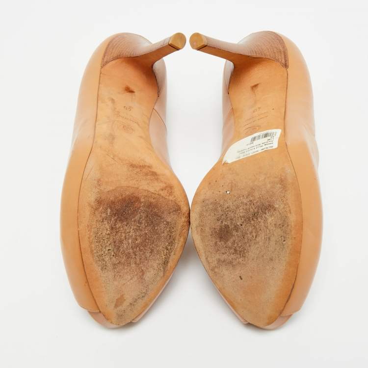 Pre Owned Alexander McQueen Skull Size 40 Brown Leather Peep Toe Platform Pumps