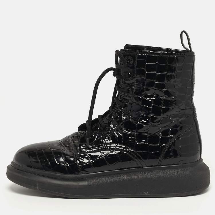 Pre Owned Alexander McQueen Oversized Size 41 Black Croc Embossed Patent Leather High Top Sneakers