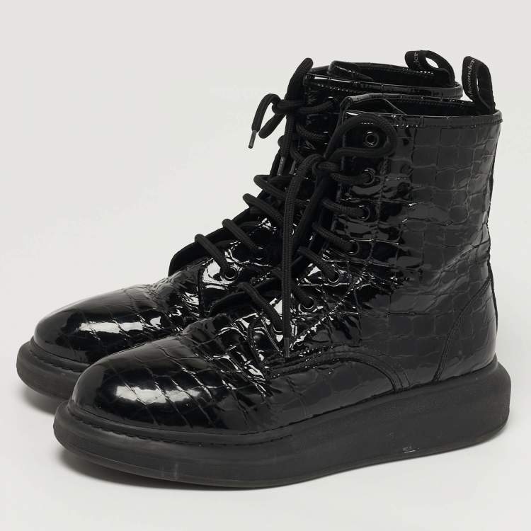 Pre Owned Alexander McQueen Oversized Size 41 Black Croc Embossed Patent Leather High Top Sneakers